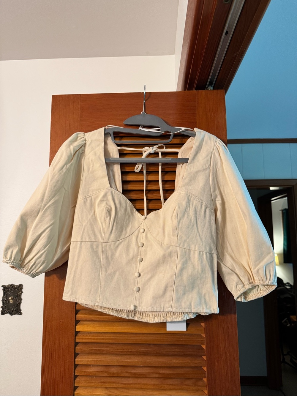 Lush Cream Puff-Sleeve Tie-Back Button Top